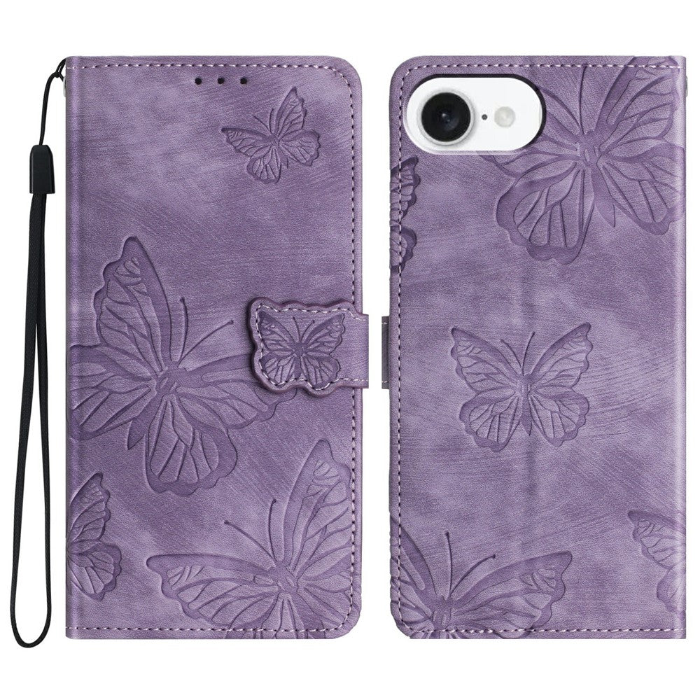 For iPhone 17e / 16e Case Butterfly Design Flip Wallet Leather Phone Cover Skin-Touch