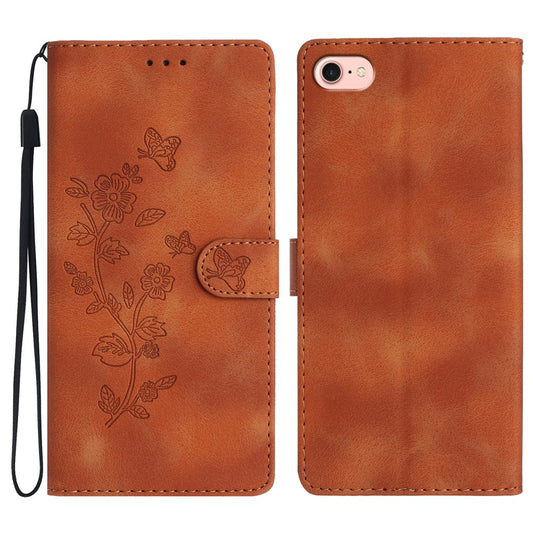 For iPhone 17e / 16e Case Leather Imprinted Flower Phone Cover Wallet with Wrist Strap