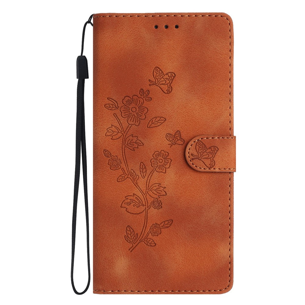 For iPhone 17e / 16e Case Leather Imprinted Flower Phone Cover Wallet with Wrist Strap