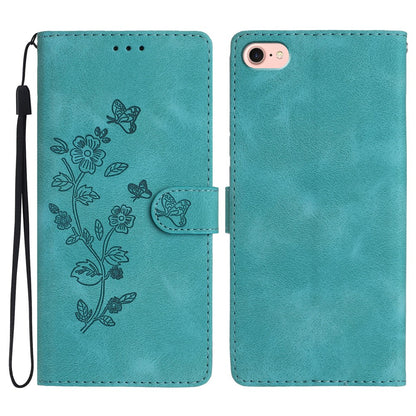 For iPhone 17e / 16e Case Leather Imprinted Flower Phone Cover Wallet with Wrist Strap