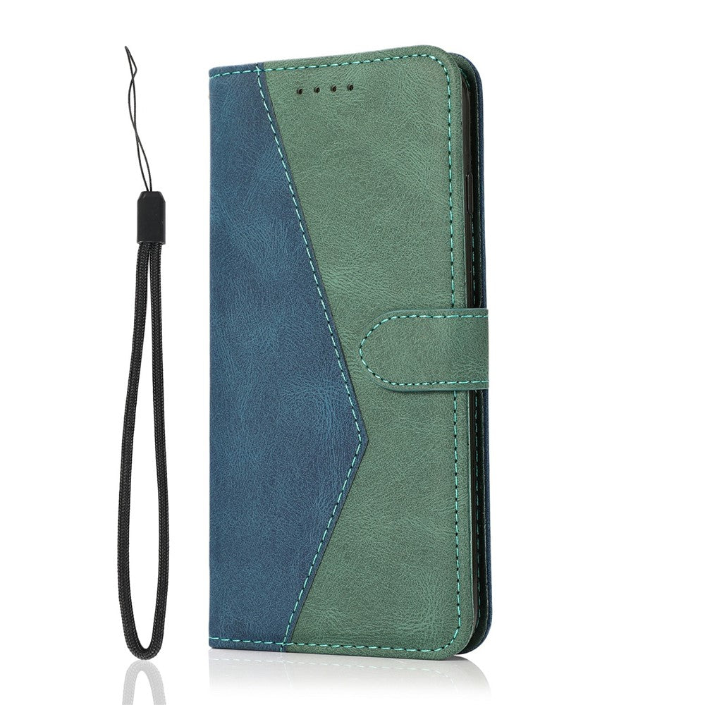 For iPhone 17e / 16e Case Color Splicing Wallet Stand Leather Phone Cover with Wrist Strap