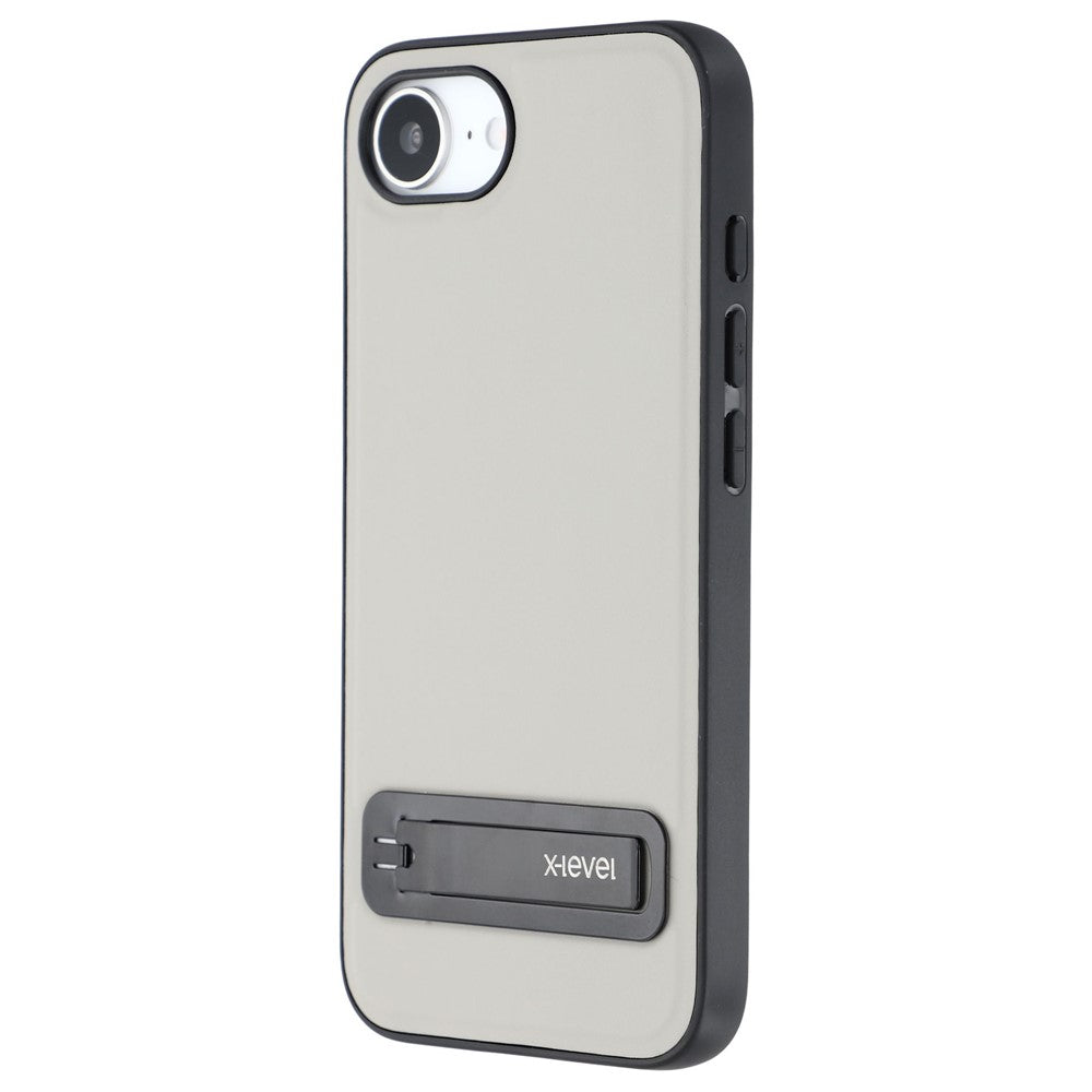 X-LEVEL For iPhone 17e / 16e Case Leather Coated PC TPU Phone Back Cover with Metal Kickstand