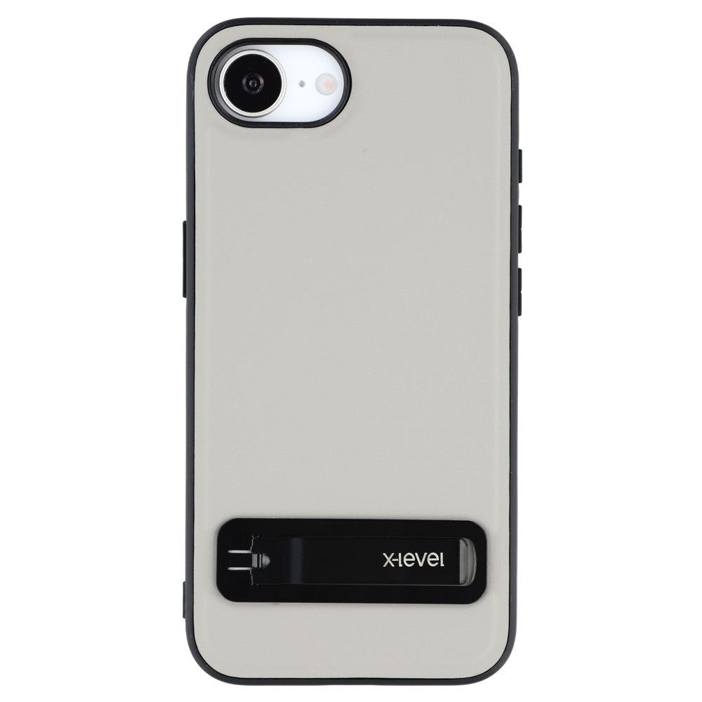 X-LEVEL For iPhone 17e / 16e Case Leather Coated PC TPU Phone Back Cover with Metal Kickstand