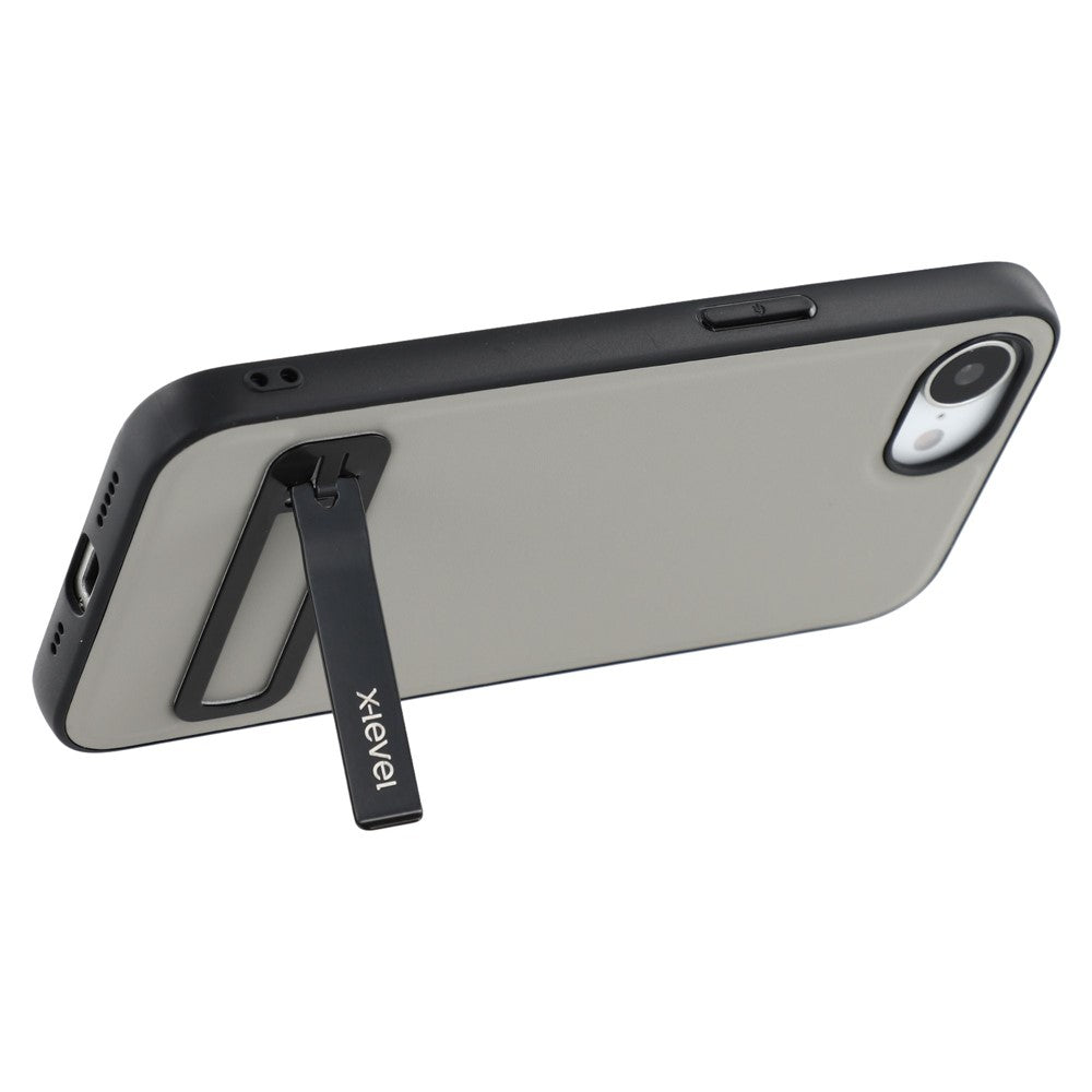 X-LEVEL For iPhone 17e / 16e Case Leather Coated PC TPU Phone Back Cover with Metal Kickstand