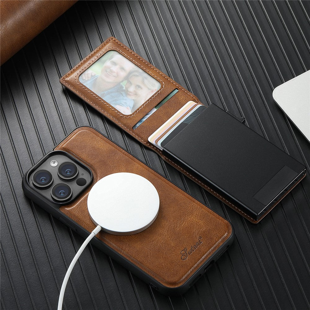 SUTENI H19 For iPhone 14 Pro Magnetic Case Waxy Texture Card Slots Leather Back Phone Cover