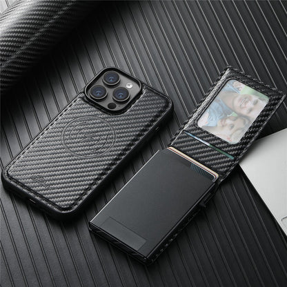 SUTENI H19 For iPhone 14 Pro Magnetic Case Carbon Fiber Texture Leather Back Cover with Card Bag