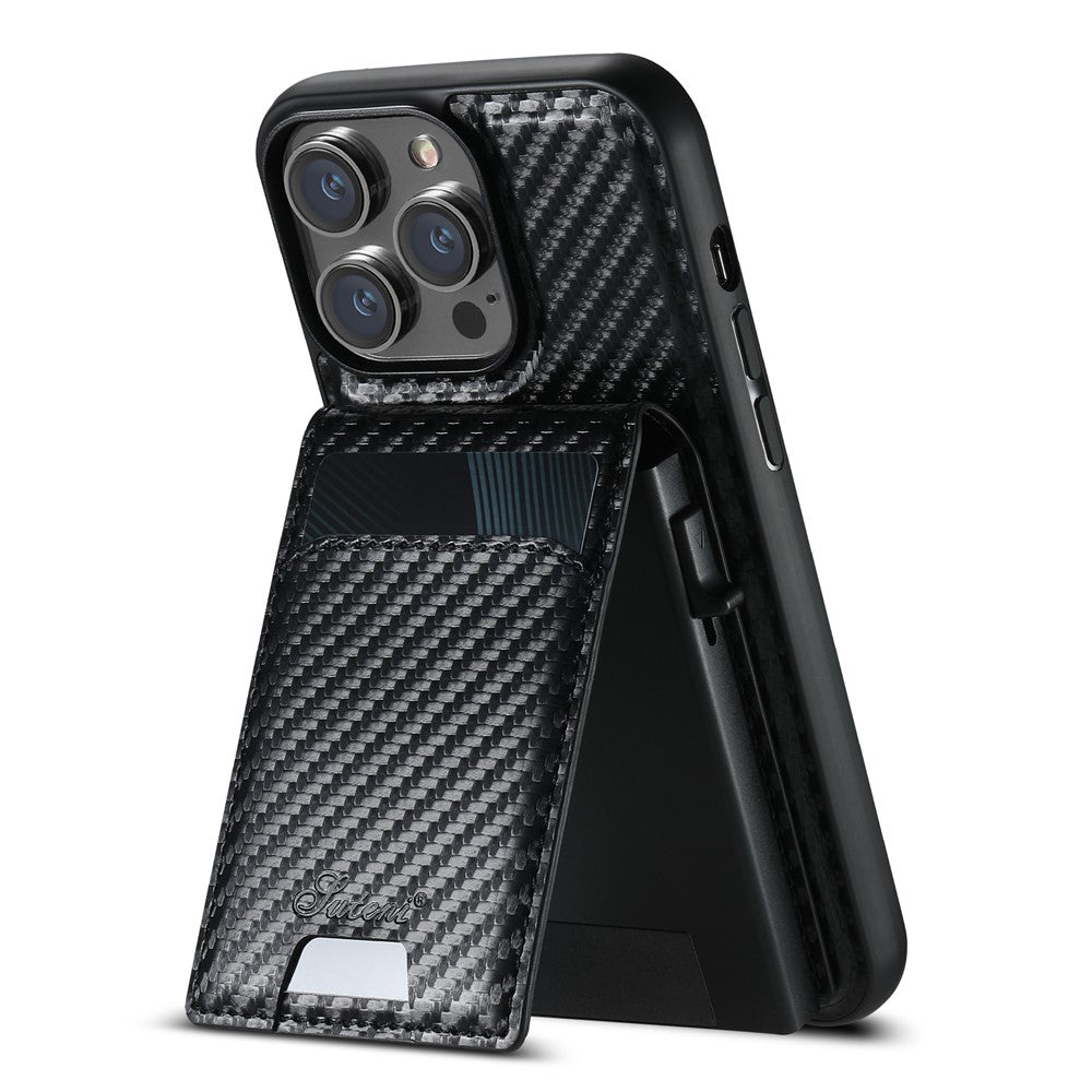 SUTENI H19 For iPhone 14 Pro Magnetic Case Carbon Fiber Texture Leather Back Cover with Card Bag