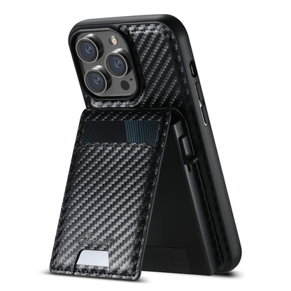 SUTENI H19 For iPhone 14 Pro Magnetic Case Carbon Fiber Texture Leather Back Cover with Card Bag