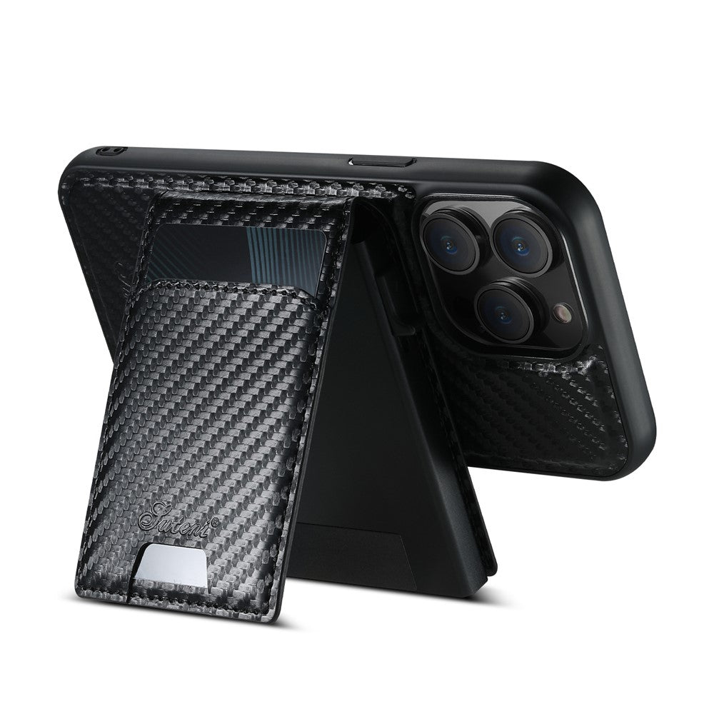 SUTENI H19 For iPhone 14 Pro Magnetic Case Carbon Fiber Texture Leather Back Cover with Card Bag