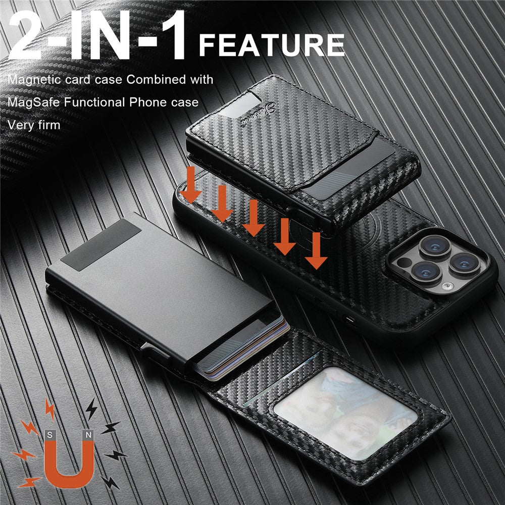 SUTENI H19 For iPhone 14 Pro Magnetic Case Carbon Fiber Texture Leather Back Cover with Card Bag