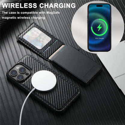 SUTENI H19 For iPhone 14 Pro Magnetic Case Carbon Fiber Texture Leather Back Cover with Card Bag