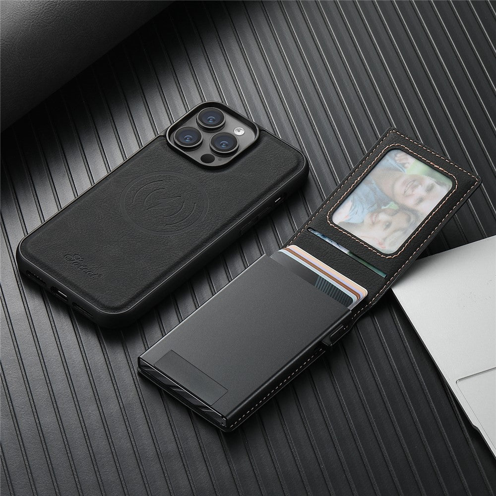 SUTENI H19 For iPhone 14 Pro Magnetic Case Card Holder Kickstand Litchi Texture Leather Back Cover