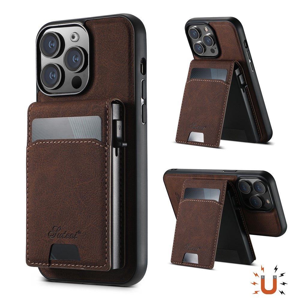 SUTENI H19 For iPhone 14 Pro Magnetic Case Card Holder Kickstand Litchi Texture Leather Back Cover