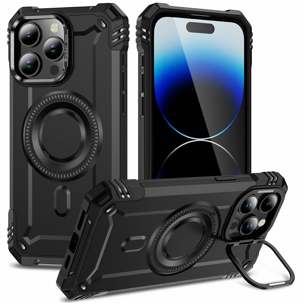For iPhone 14 Pro Magnetic Case Lens Kickstand PC + TPU Shockproof Phone Cover