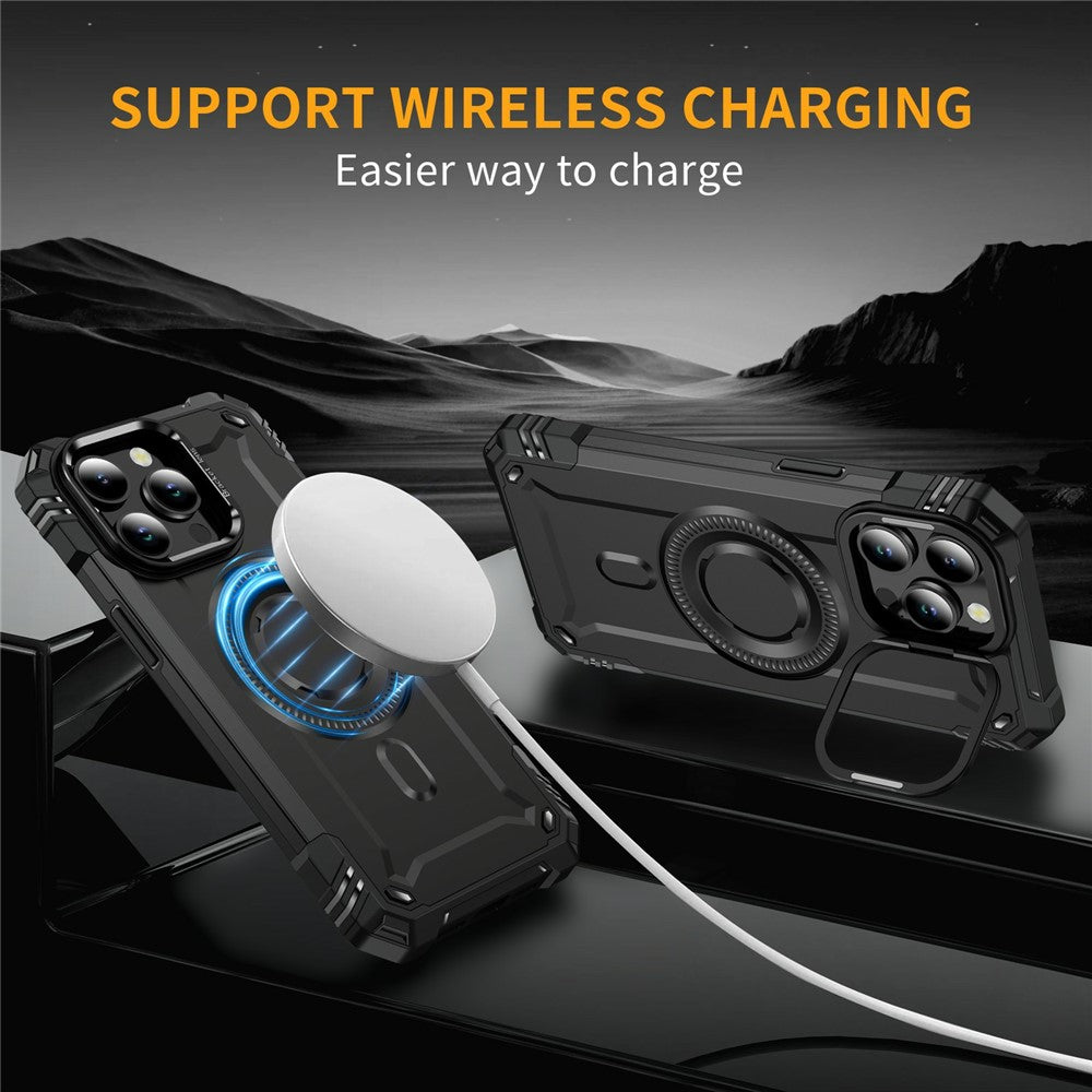 For iPhone 14 Pro Magnetic Case Lens Kickstand PC + TPU Shockproof Phone Cover