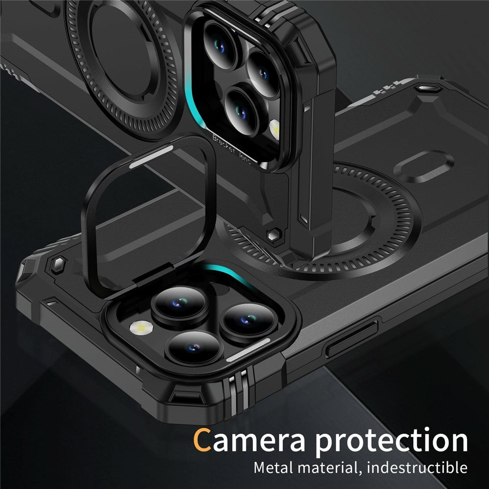 For iPhone 14 Pro Magnetic Case Lens Kickstand PC + TPU Shockproof Phone Cover