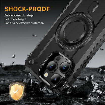 For iPhone 14 Pro Magnetic Case Lens Kickstand PC + TPU Shockproof Phone Cover