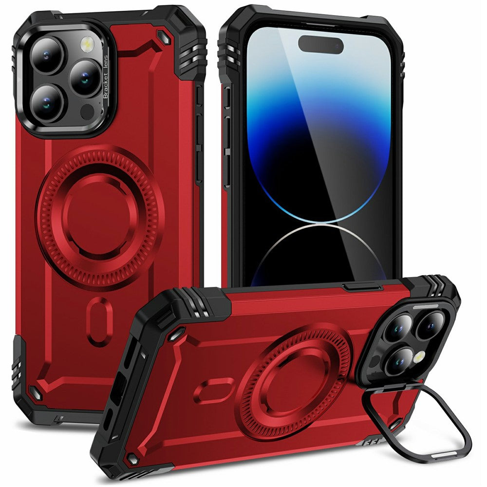 For iPhone 14 Pro Magnetic Case Lens Kickstand PC + TPU Shockproof Phone Cover