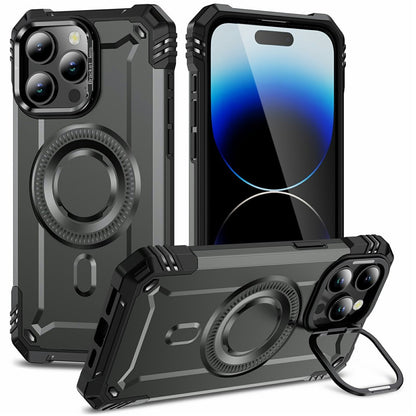 For iPhone 14 Pro Magnetic Case Lens Kickstand PC + TPU Shockproof Phone Cover