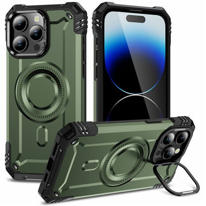 For iPhone 14 Pro Magnetic Case Lens Kickstand PC + TPU Shockproof Phone Cover