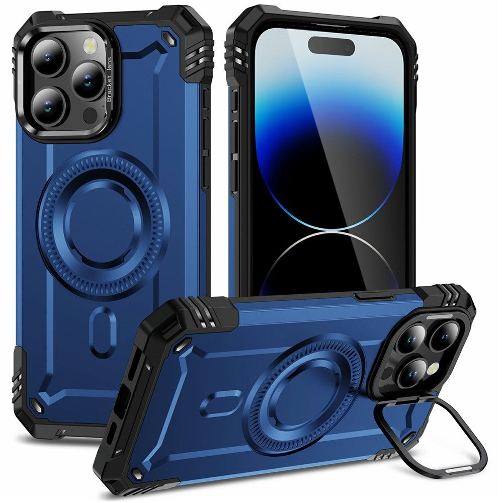 For iPhone 14 Pro Magnetic Case Lens Kickstand PC + TPU Shockproof Phone Cover