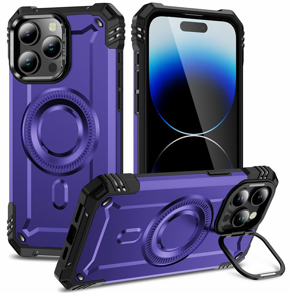 For iPhone 14 Pro Magnetic Case Lens Kickstand PC + TPU Shockproof Phone Cover