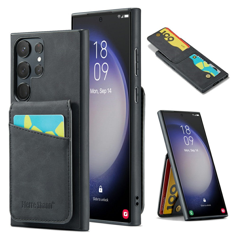 FIERRE SHANN For Samsung Galaxy S25 Ultra Case Card Holder Kickstand Leather RFID Blocking Back Cover