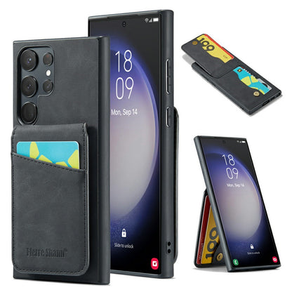 FIERRE SHANN For Samsung Galaxy S25 Ultra Case Card Holder Kickstand Leather RFID Blocking Back Cover