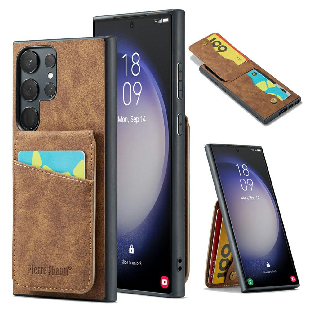 FIERRE SHANN For Samsung Galaxy S25 Ultra Case Card Holder Kickstand Leather RFID Blocking Back Cover