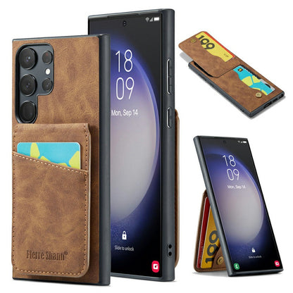 FIERRE SHANN For Samsung Galaxy S25 Ultra Case Card Holder Kickstand Leather RFID Blocking Back Cover