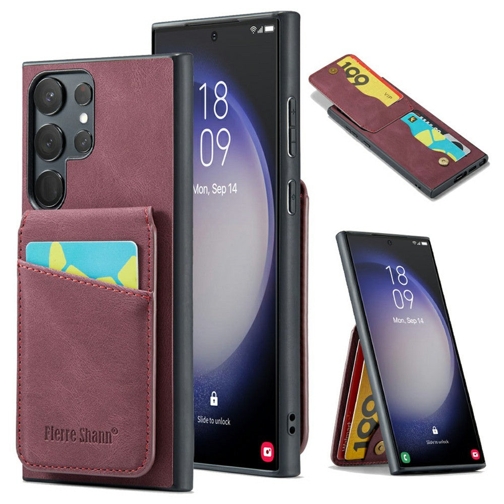 FIERRE SHANN For Samsung Galaxy S25 Ultra Case Card Holder Kickstand Leather RFID Blocking Back Cover