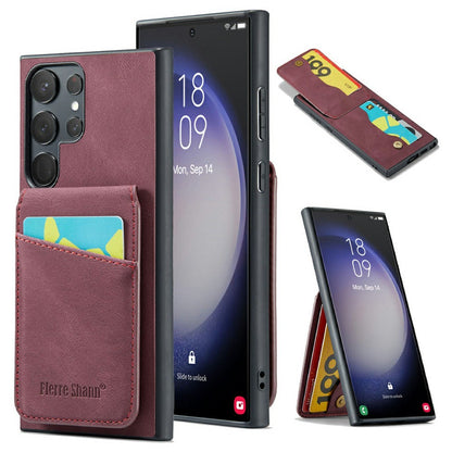 FIERRE SHANN For Samsung Galaxy S25 Ultra Case Card Holder Kickstand Leather RFID Blocking Back Cover