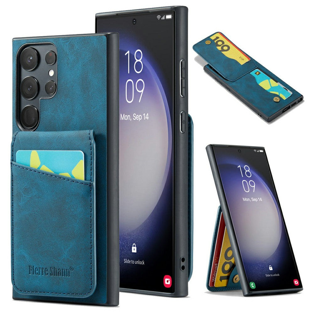 FIERRE SHANN For Samsung Galaxy S25 Ultra Case Card Holder Kickstand Leather RFID Blocking Back Cover