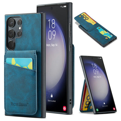 FIERRE SHANN For Samsung Galaxy S25 Ultra Case Card Holder Kickstand Leather RFID Blocking Back Cover