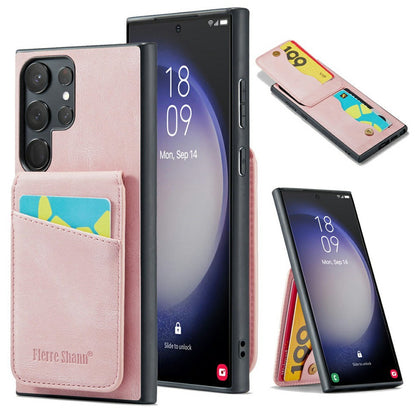 FIERRE SHANN For Samsung Galaxy S25 Ultra Case Card Holder Kickstand Leather RFID Blocking Back Cover