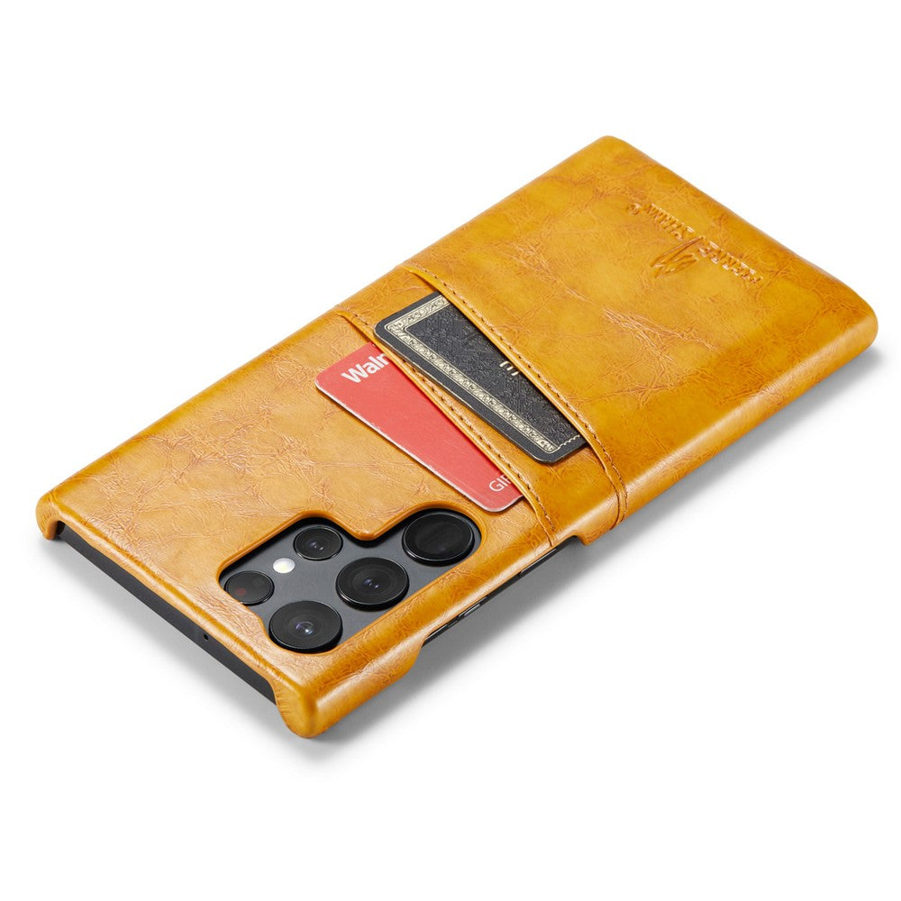 FIERRE SHANN For Samsung Galaxy S25 Ultra Case Waxy PU Leather + PC Card Holder Phone Cover