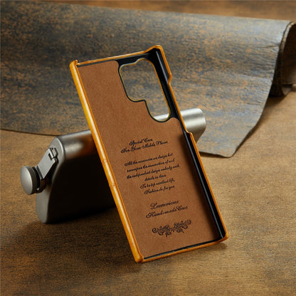 FIERRE SHANN For Samsung Galaxy S25 Ultra Case Waxy PU Leather + PC Card Holder Phone Cover