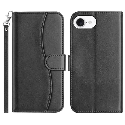For iPhone 17e / 16e Stand Case with Strap PU Leather Wallet Phone Cover S Shape Stitching Design