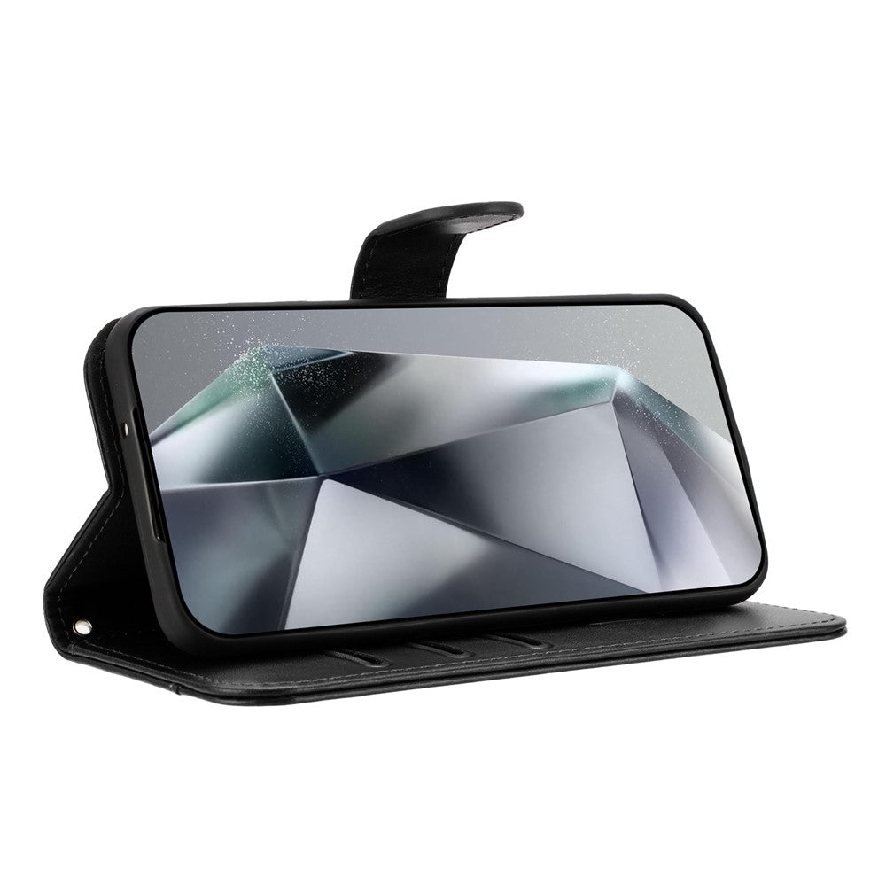 For iPhone 17e / 16e Stand Case with Strap PU Leather Wallet Phone Cover S Shape Stitching Design