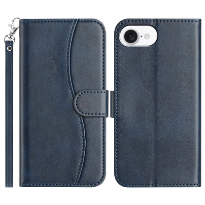 For iPhone 17e / 16e Stand Case with Strap PU Leather Wallet Phone Cover S Shape Stitching Design