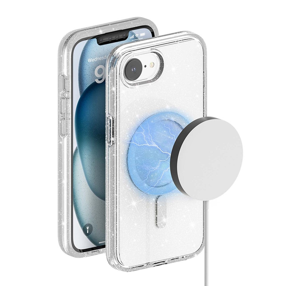 For iPhone 17e / 16e Magnetic Case Support Wireless Charging Glitter Powder PC + TPU Phone Cover