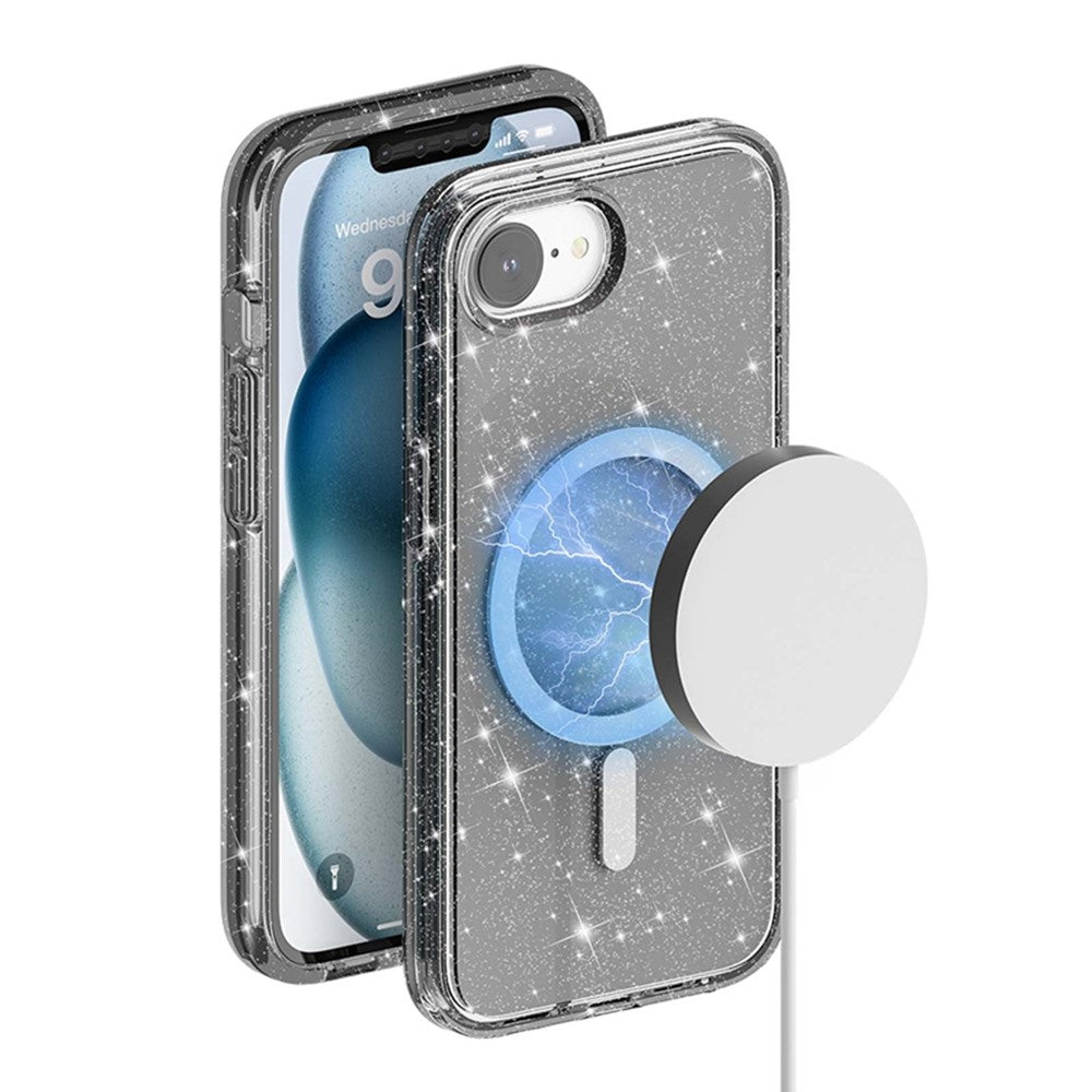 For iPhone 17e / 16e Magnetic Case Support Wireless Charging Glitter Powder PC + TPU Phone Cover