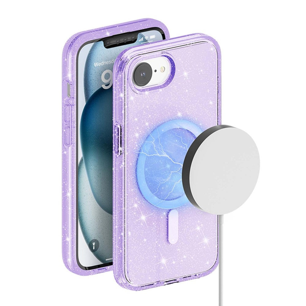 For iPhone 17e / 16e Magnetic Case Support Wireless Charging Glitter Powder PC + TPU Phone Cover