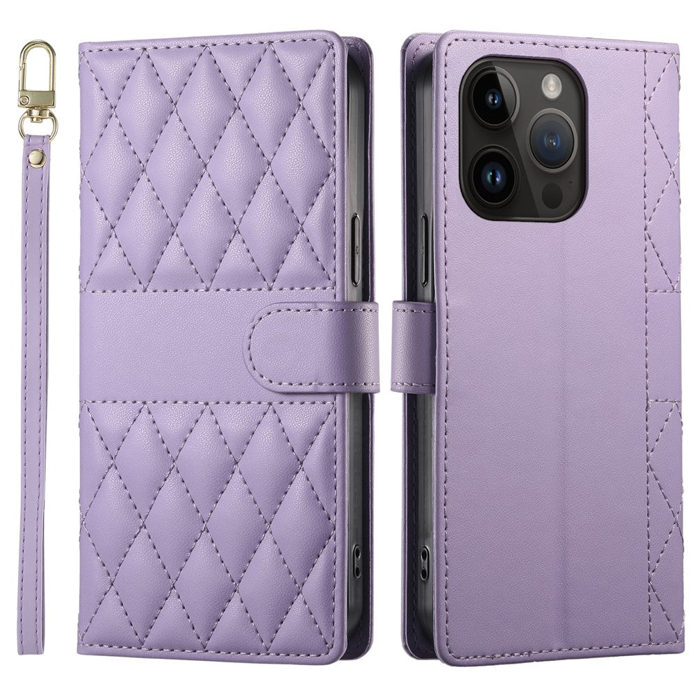 For iPhone 14 Pro Case Rhombus Stitching Wallet Stand Leather Phone Cover with Long  /  Short Strap