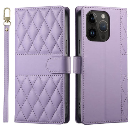 For iPhone 14 Pro Case Rhombus Stitching Wallet Stand Leather Phone Cover with Long  /  Short Strap