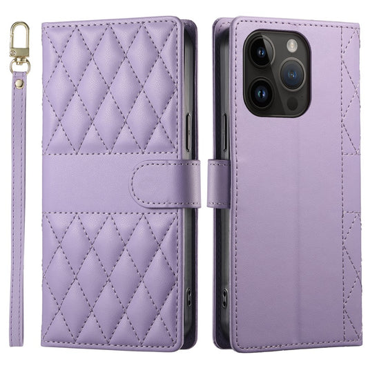 For iPhone 14 Pro Case Rhombus Stitching Wallet Stand Leather Phone Cover with Long  /  Short Strap