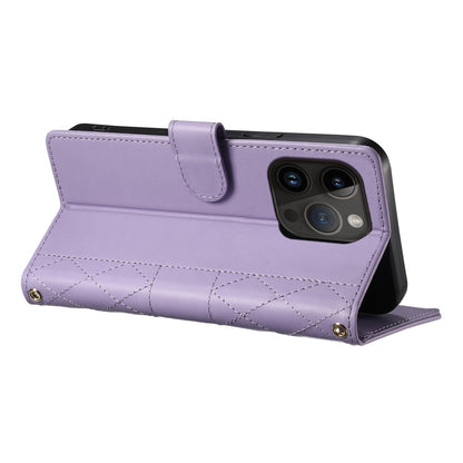 For iPhone 14 Pro Case Rhombus Stitching Wallet Stand Leather Phone Cover with Long  /  Short Strap