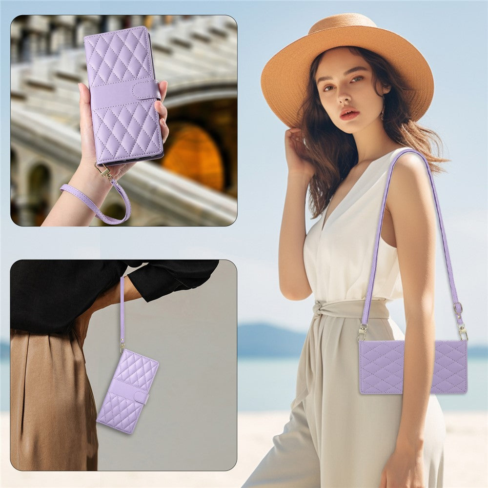 For iPhone 14 Pro Case Rhombus Stitching Wallet Stand Leather Phone Cover with Long  /  Short Strap