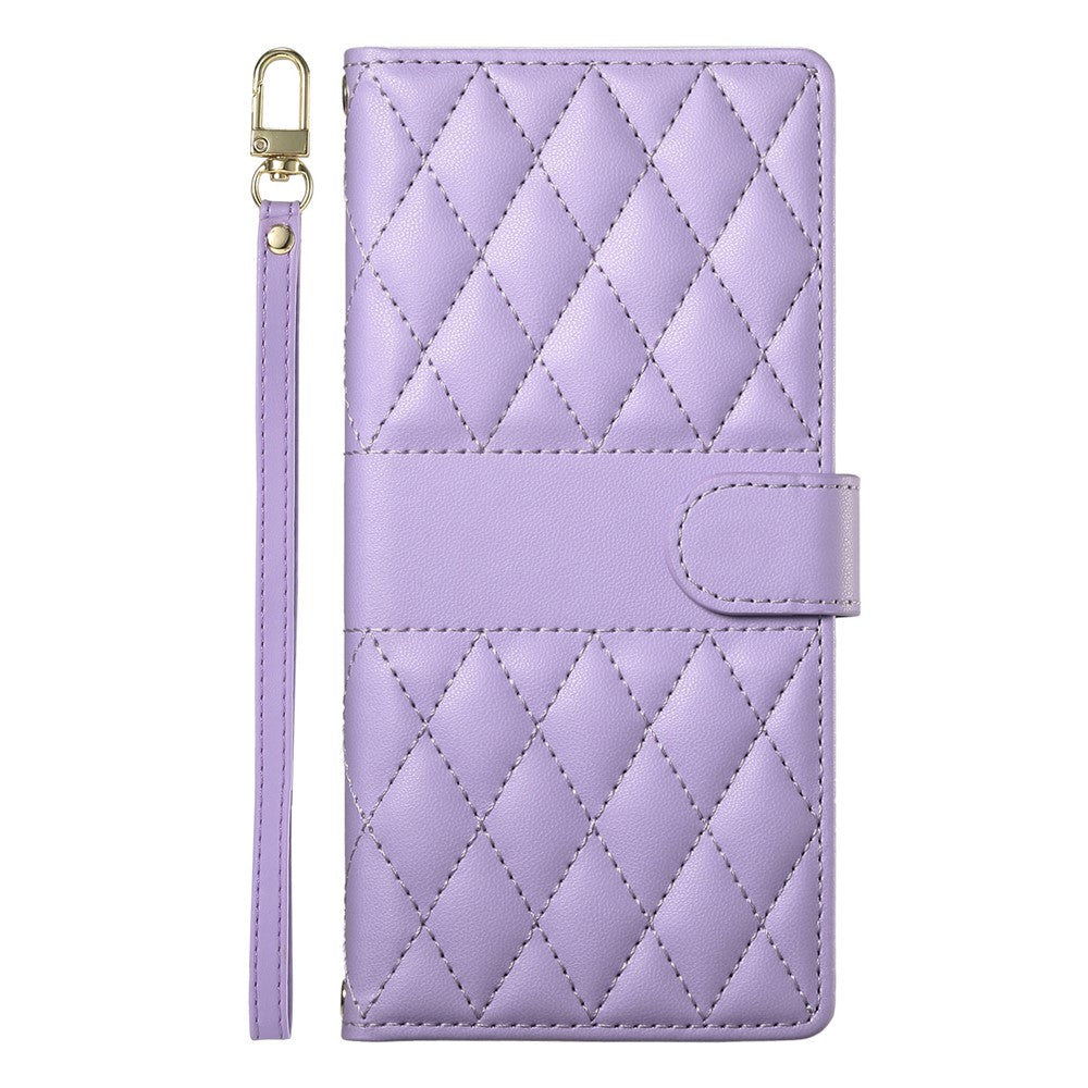 For iPhone 14 Pro Case Rhombus Stitching Wallet Stand Leather Phone Cover with Long  /  Short Strap