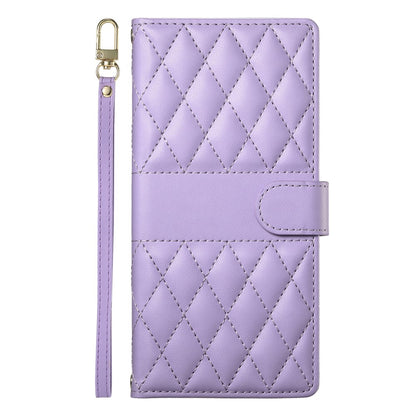 For iPhone 14 Pro Case Rhombus Stitching Wallet Stand Leather Phone Cover with Long  /  Short Strap